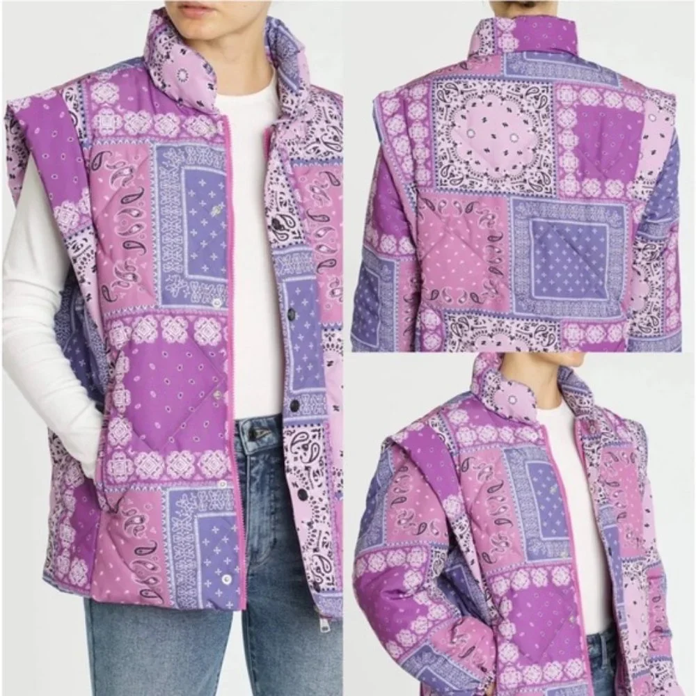 NWOT Pistola Callista Long Sleeve Puffer Vest Bandana Pink Orchid Jacket $228 S - Picture 4 of 5